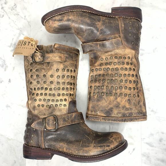 BED STU Cobbler Series Moto Boots Women 6 Brown Leather Studded Distressed NWT - Picture 2 of 12